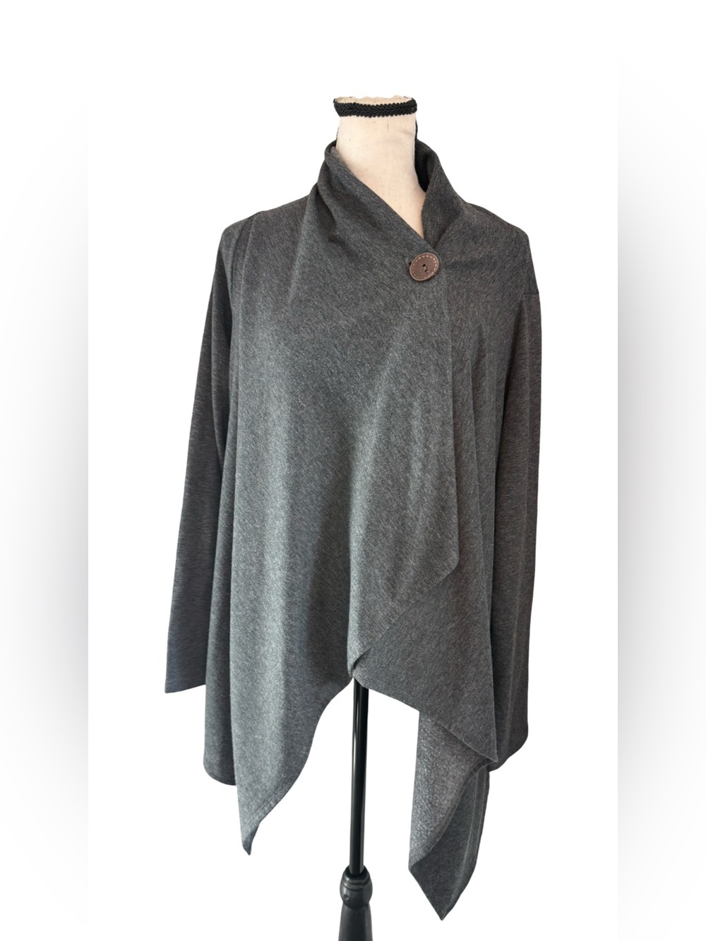 Bobeau XL Gray One Button Waterfall Cardigan Asymmetrical Draped Made USA